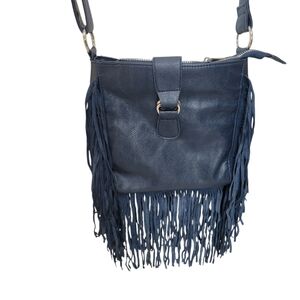 Suzette Navy Leather Boho  Fringe Crossbody Bag Like New Condition
